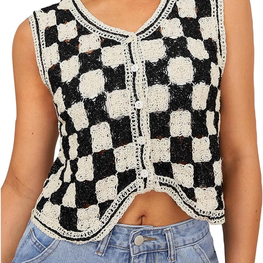 Checkered Crochet Button-Up Top